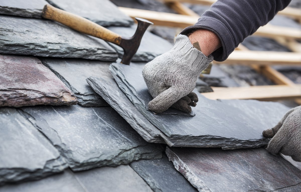 Hands sliding a matching replacement slate into place among the old slates on a Brooklyn roof