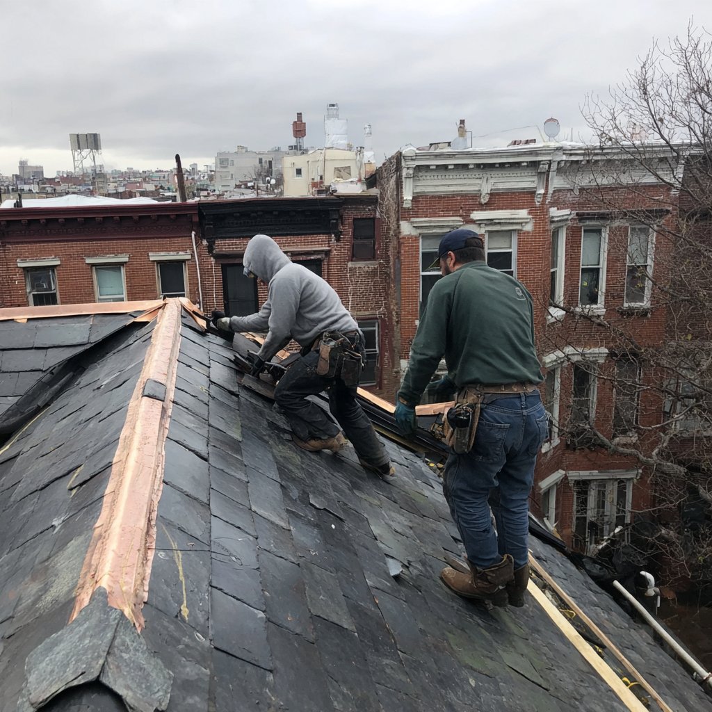 BST Roofers crew hanging new natural slate on copper nails along a Brooklyn row house roof