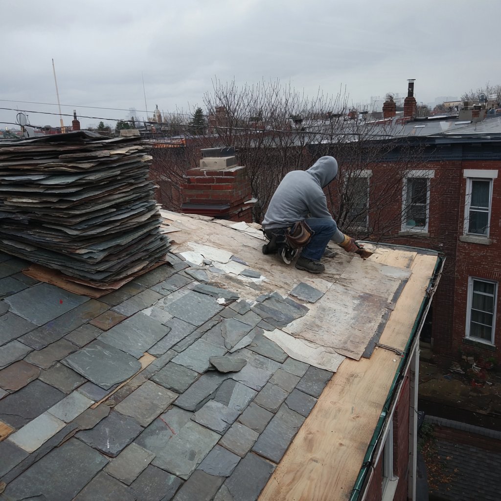 Worn slate stripped back to the deck on a Brooklyn townhouse during a full slate re-roof