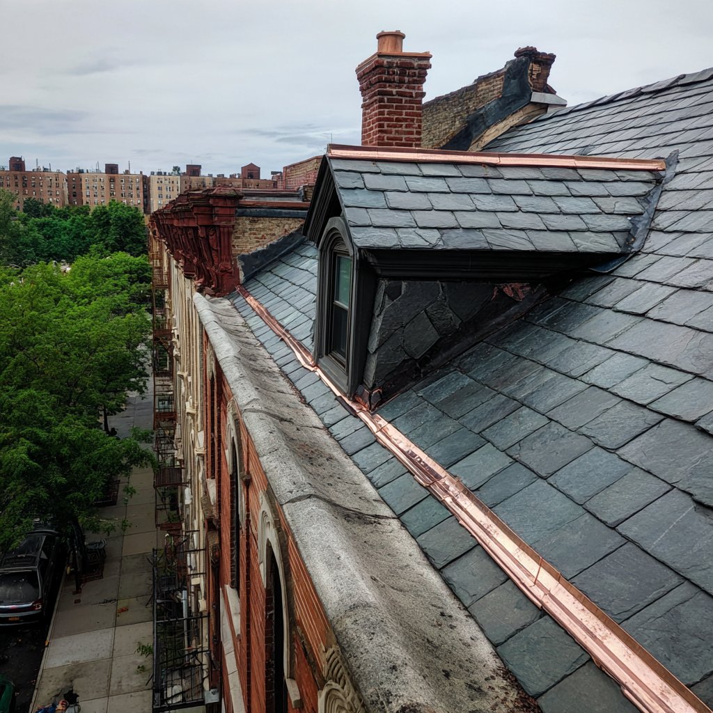 New natural slate roof freshly installed on a historic Brooklyn building, clean courses and copper flashing