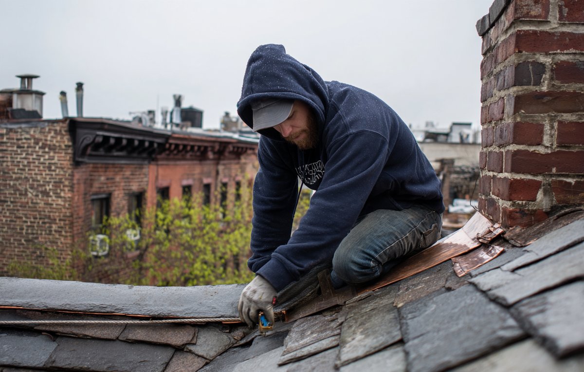 Roofer checking slate courses and flashing on a Brooklyn brownstone roof during a maintenance visit