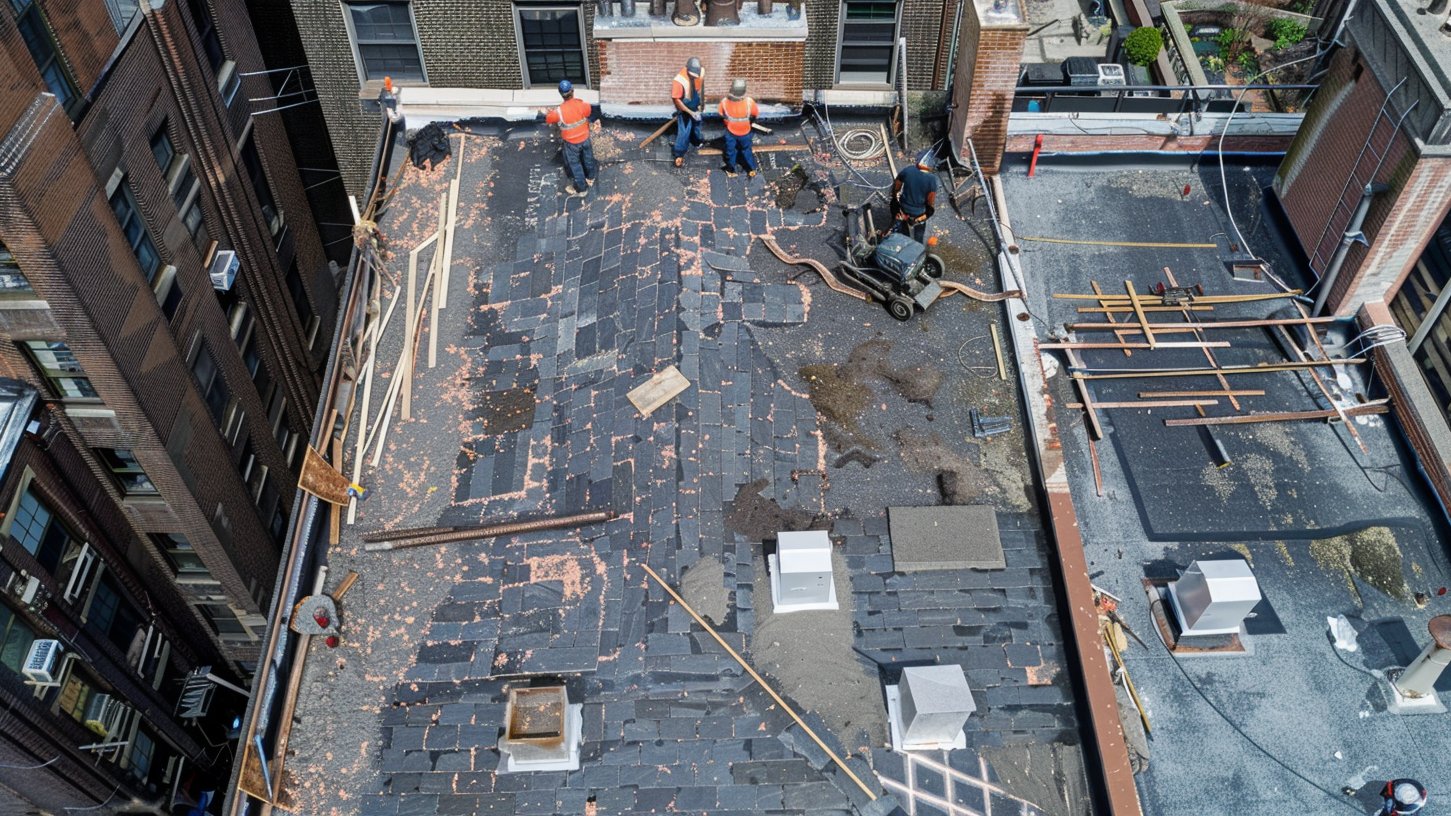 Slate roof being replaced on a Brooklyn brownstone, new slate courses meeting copper flashing