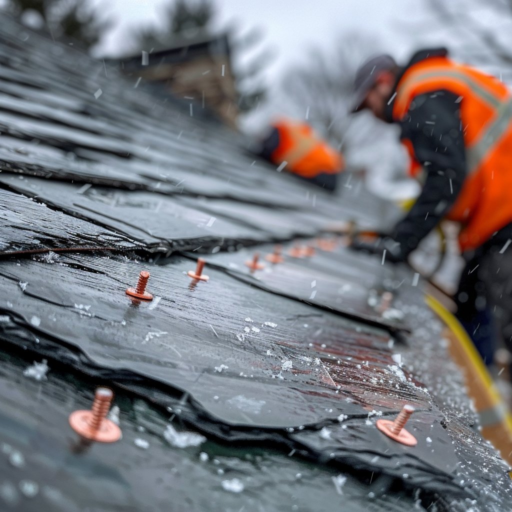 Close view of hand-laid grey slate with copper nails