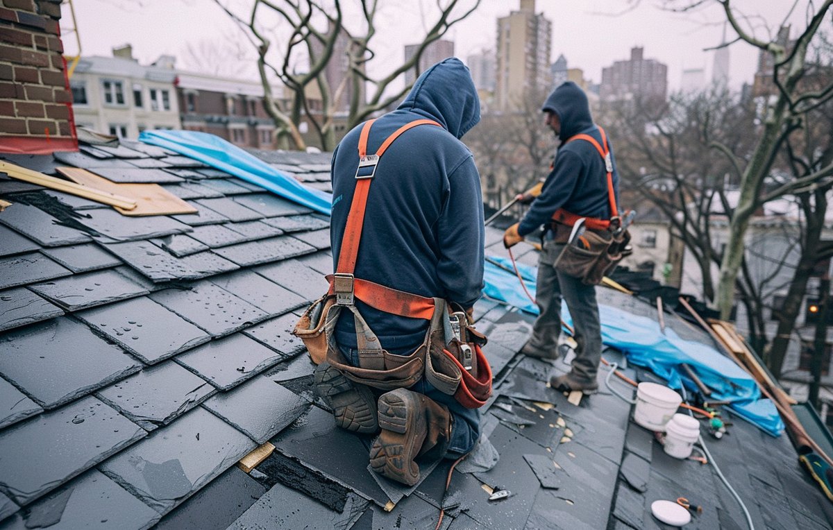 A BST Roofers crew member laying new slate by hand on a Brooklyn row house