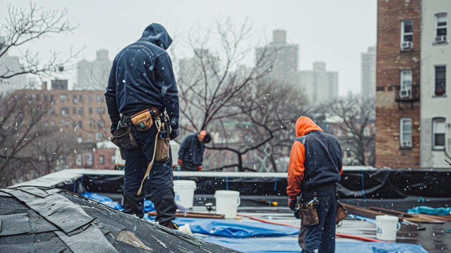 Licensed BST Roofers inspector checking a storm-damaged Brooklyn roof for wind-lifted shingles and hail impact