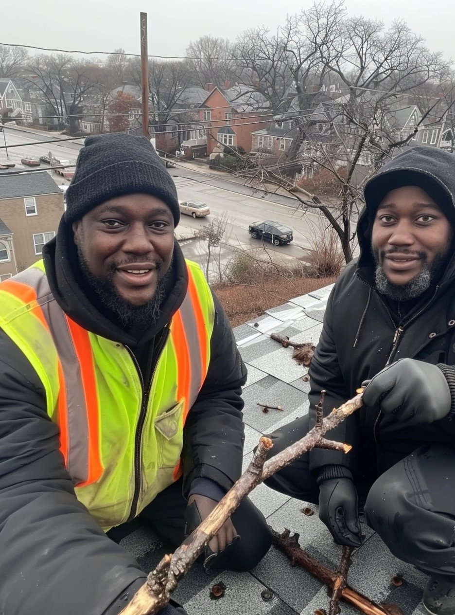 Pitched residential roof in Brooklyn after a storm, with missing shingles and a fallen branch across the slope