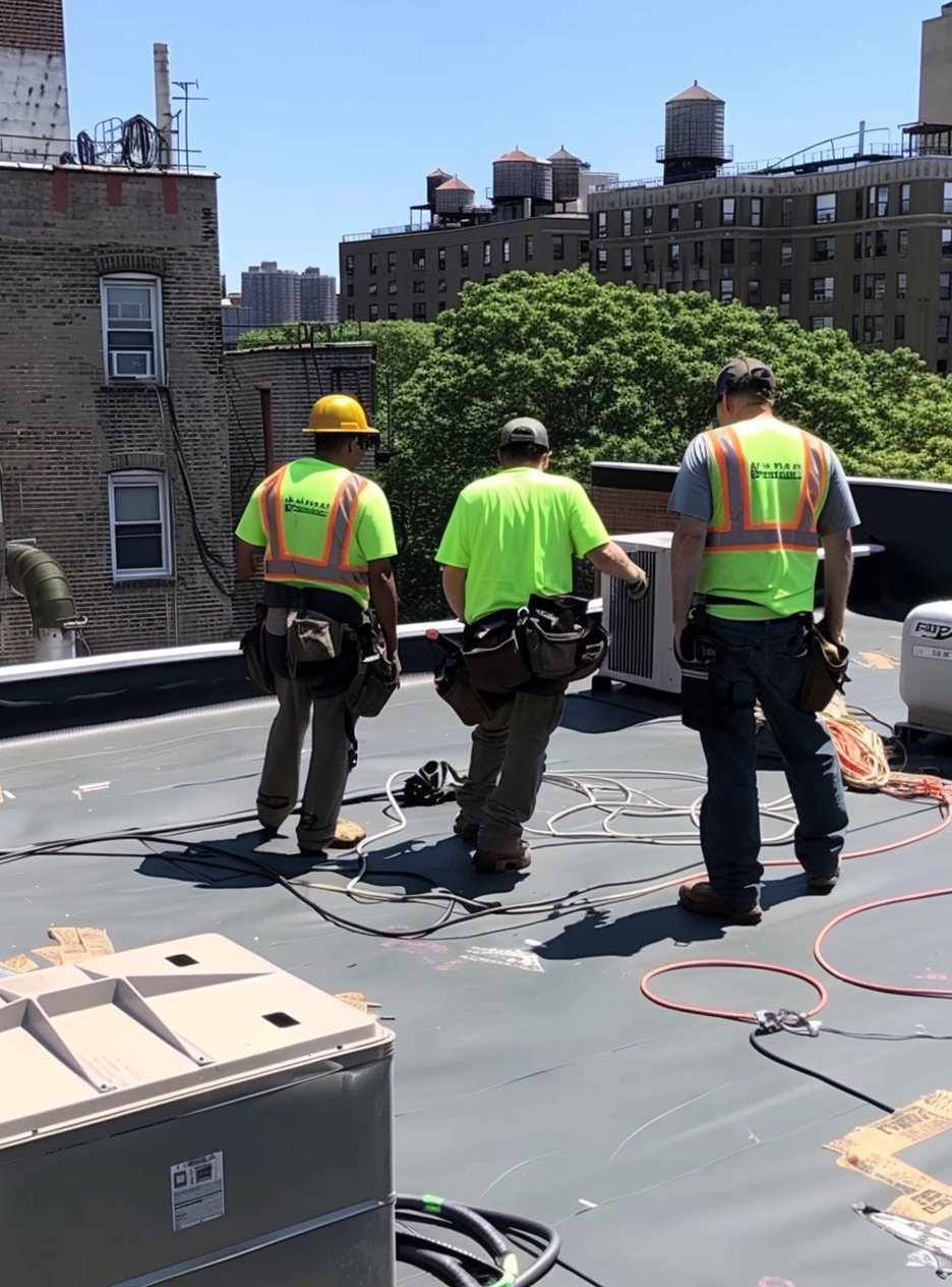 BST Roofers inspector and an insurance adjuster walking a storm-damaged Brooklyn roof together