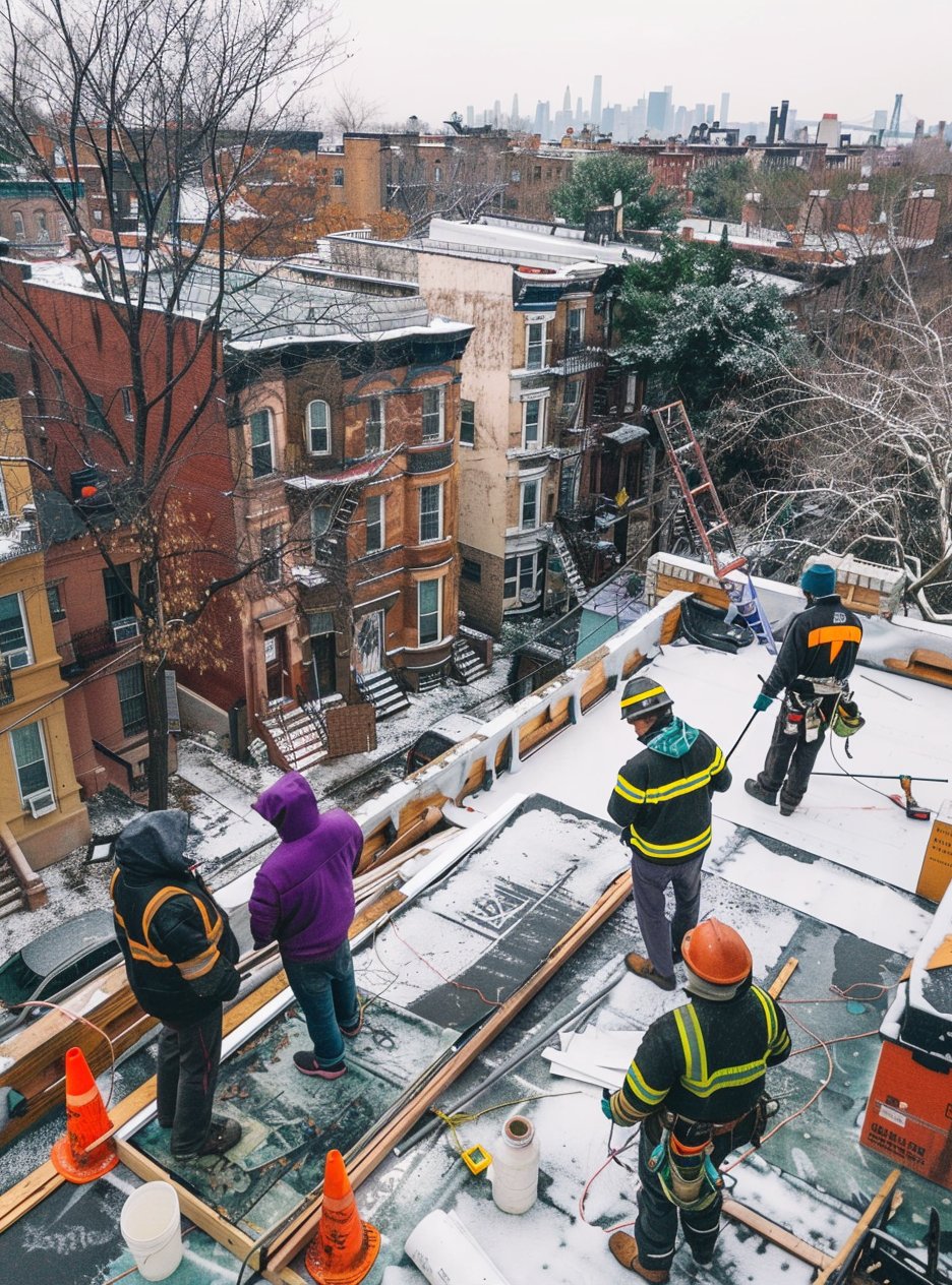 Row of Brooklyn townhouses sharing walls, one roof section showing storm damage