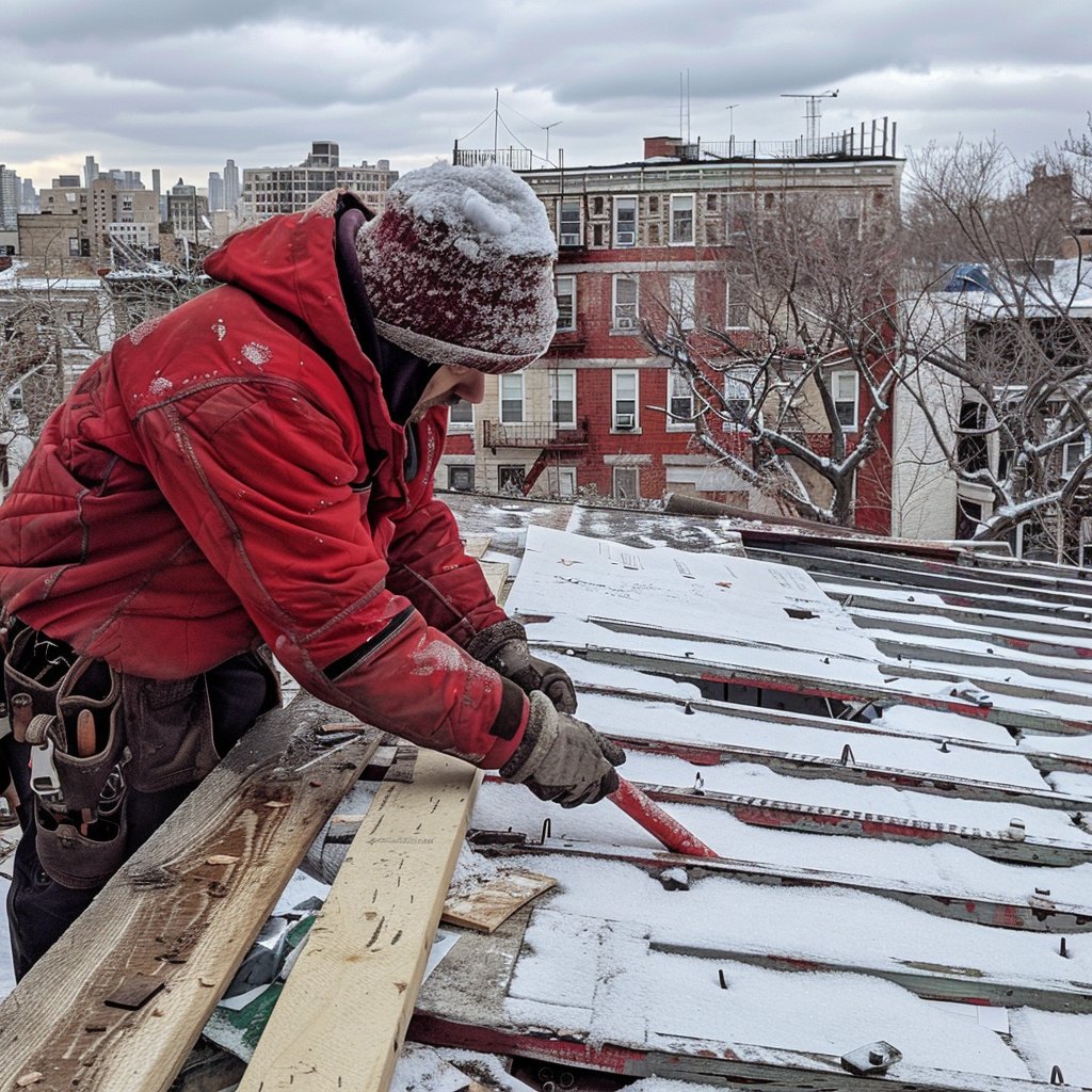 Storm-damaged roof in Brooklyn covered with a tarp the same day as the inspection