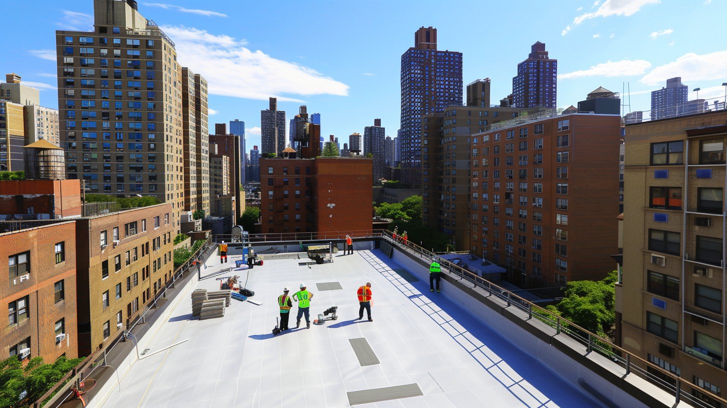 A new white TPO membrane on a flat roof in Brooklyn, with parapet walls and neighbouring rooftops in view