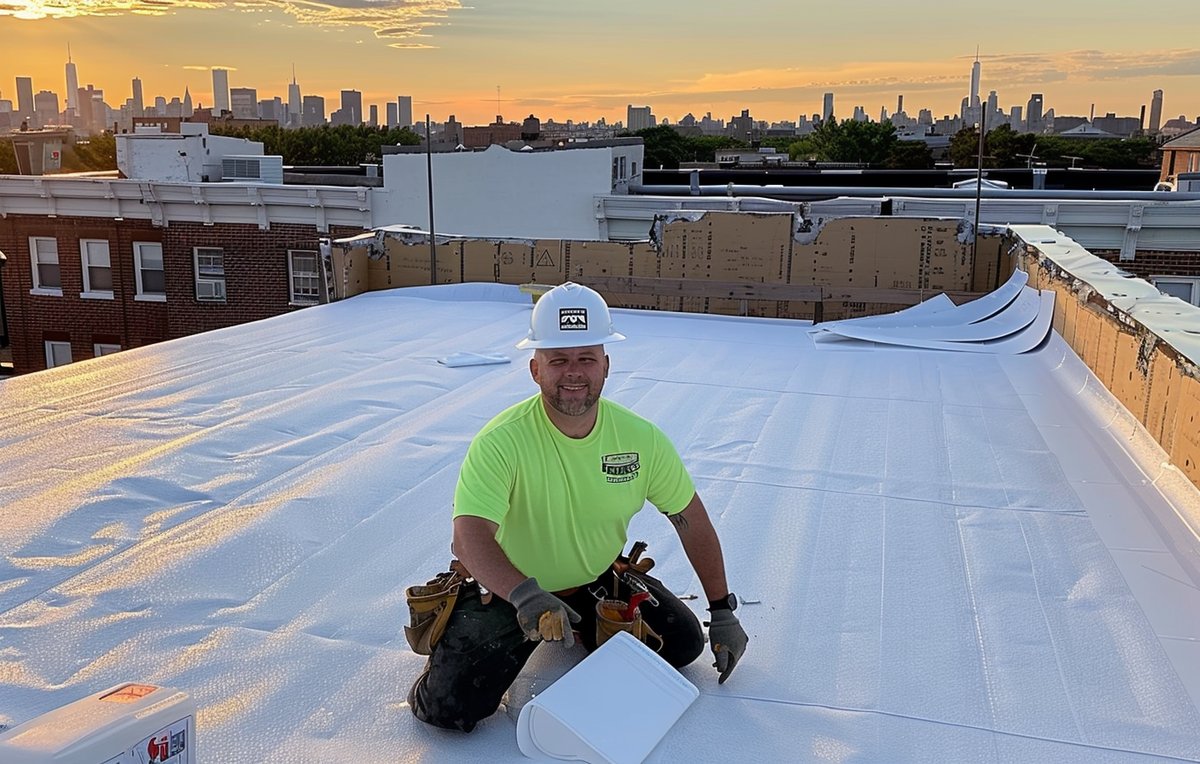 Crew tearing off old roofing layers down to the deck on a Brooklyn flat roof before a new TPO membrane