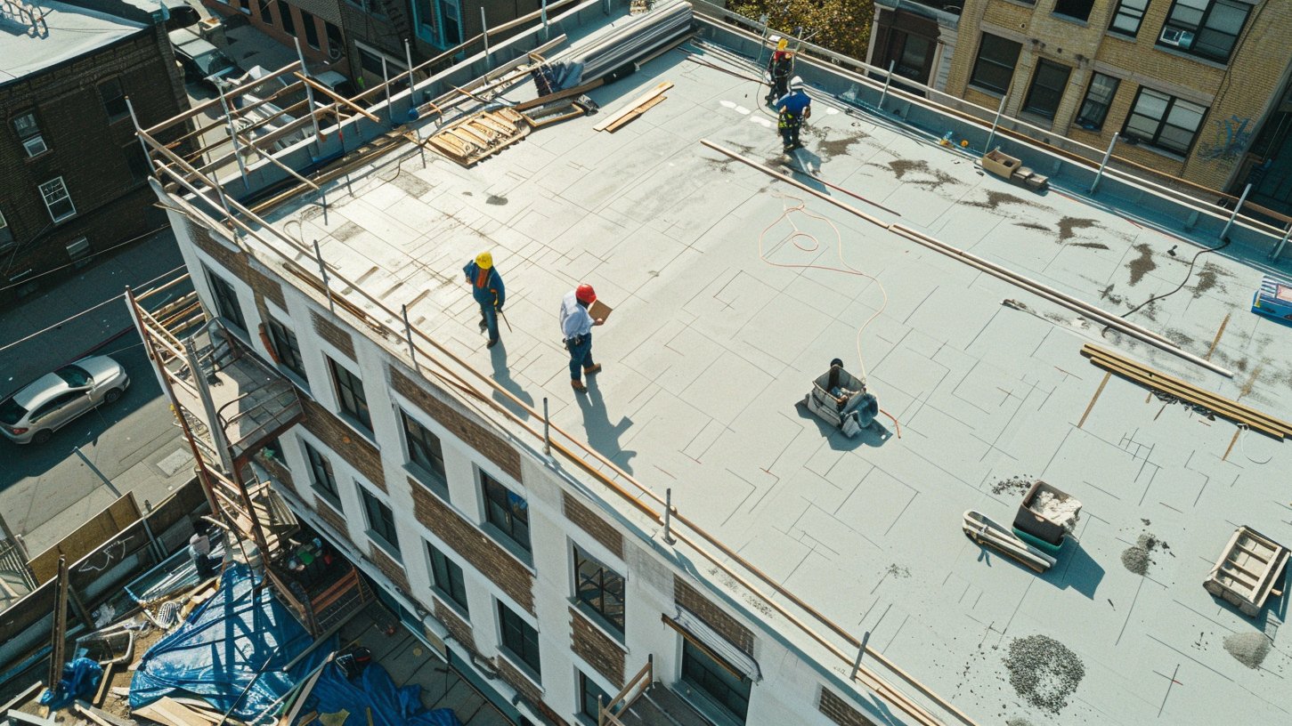A BST Roofers inspector walking a white TPO flat roof on a Brooklyn commercial building with a clipboard, checking the membrane point by point