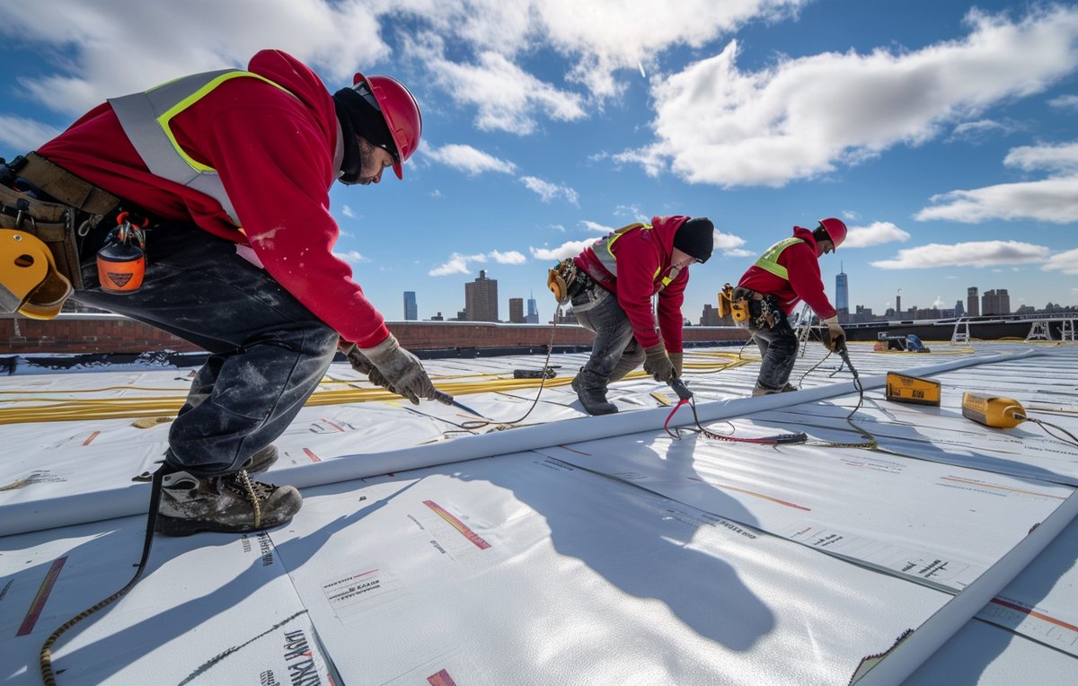 A BST Roofers crew member kneeling on a white TPO roof, running a blunt probe along a heat-welded seam