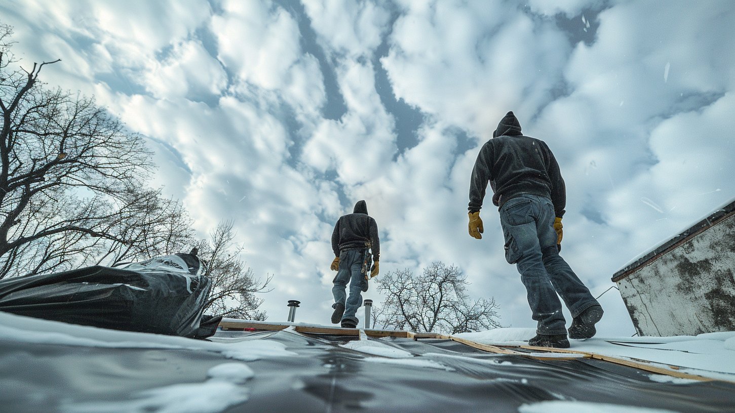 A BST Roofers technician walking a clean white TPO flat roof on a Brooklyn commercial building during a scheduled maintenance visit