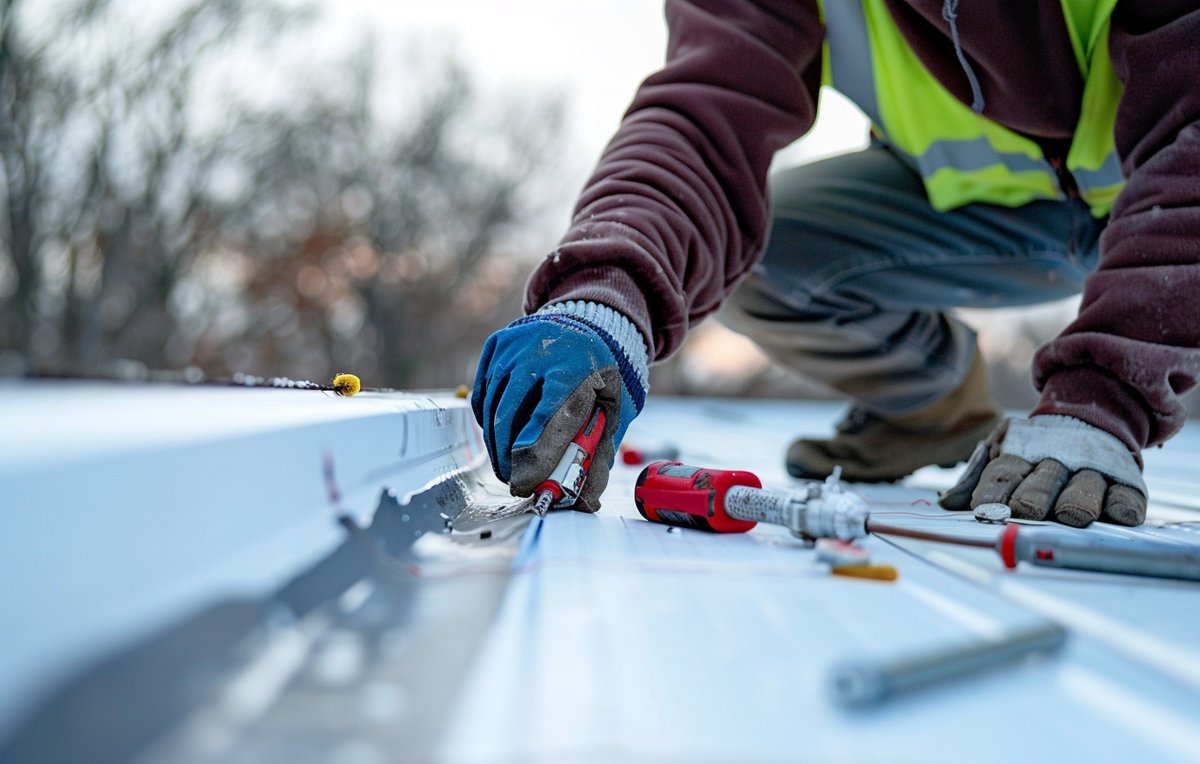 A roofing technician kneeling on a white TPO flat roof in Brooklyn, checking a heat-welded seam with a probe