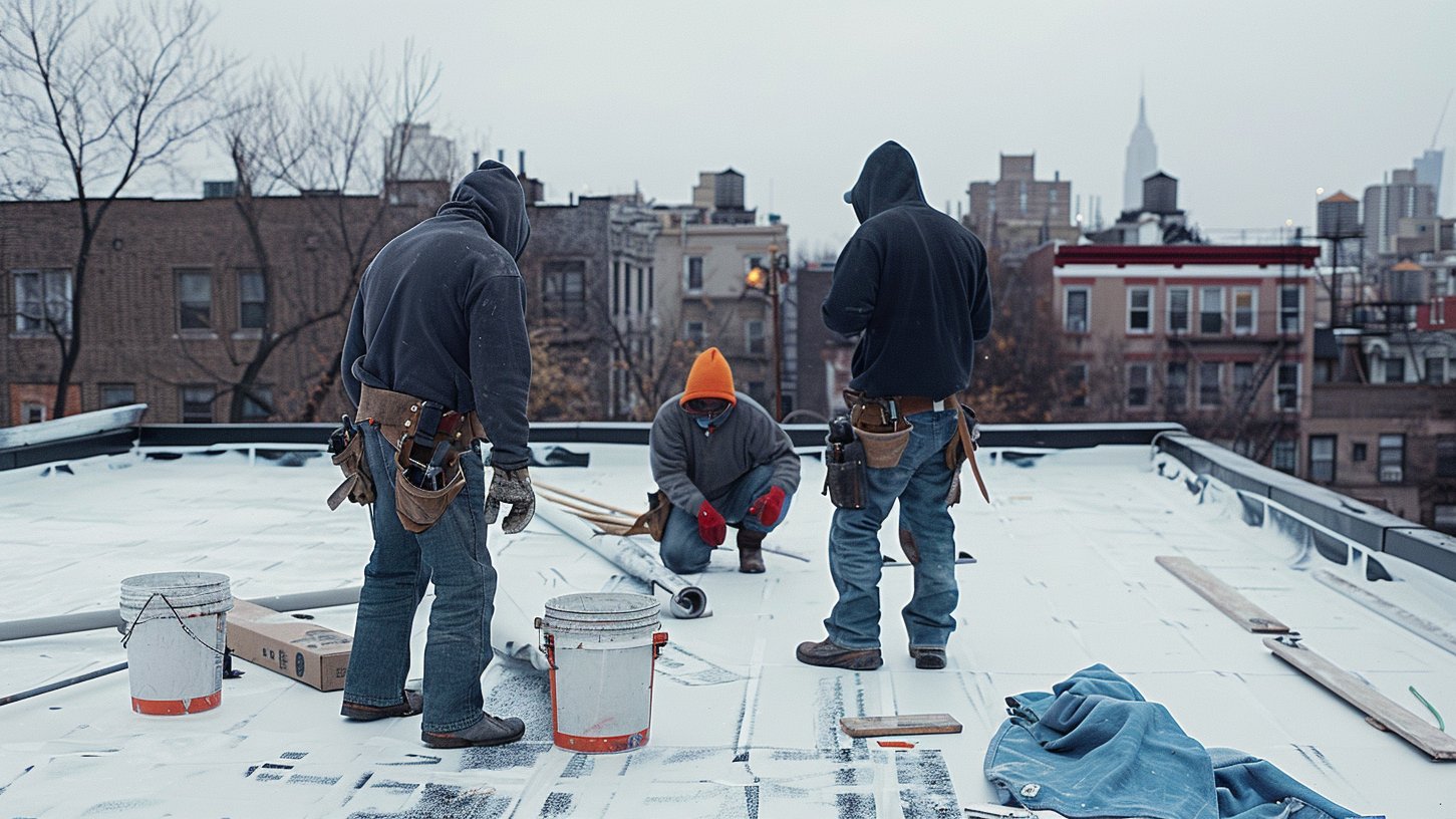 White TPO membrane on a Brooklyn flat roof with heat-welded seams, parapet walls and rooftop pipe penetrations