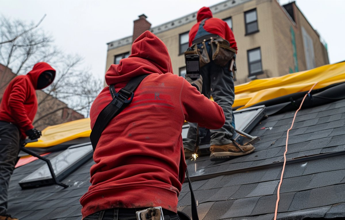 BST Roofers crew hot-air welding a TPO patch over a seam on a Brooklyn flat roof