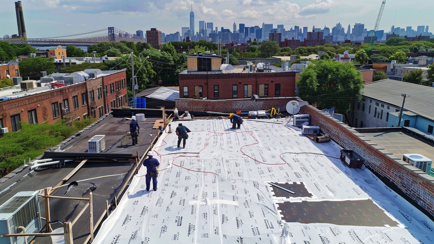 Crew welding a white TPO membrane on a Brooklyn flat roof