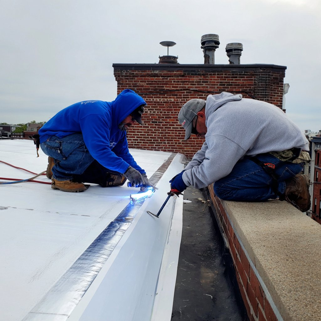 BST Roofers crew heat-welding the seams of a white TPO membrane on a Brooklyn flat roof