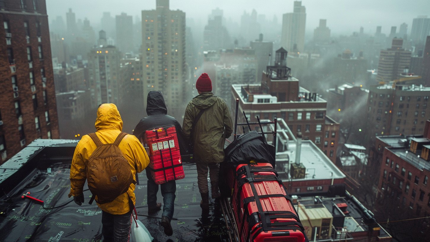 A Brooklyn flat roof with a white TPO membrane beside a neighbouring black EPDM rubber roof