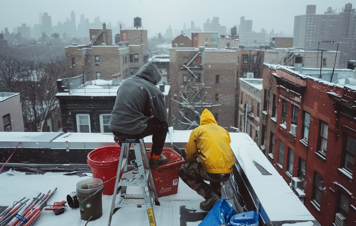 Close-up of a single-ply membrane seam on a Brooklyn flat roof, where two sheets overlap and are joined