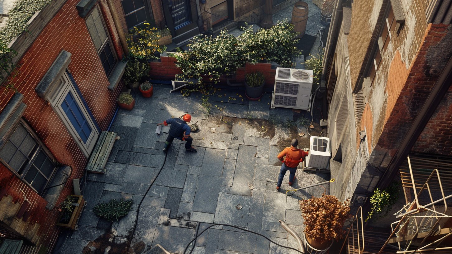 BST Roofers crew checking a leaking flat roof on a Brooklyn home during an emergency call