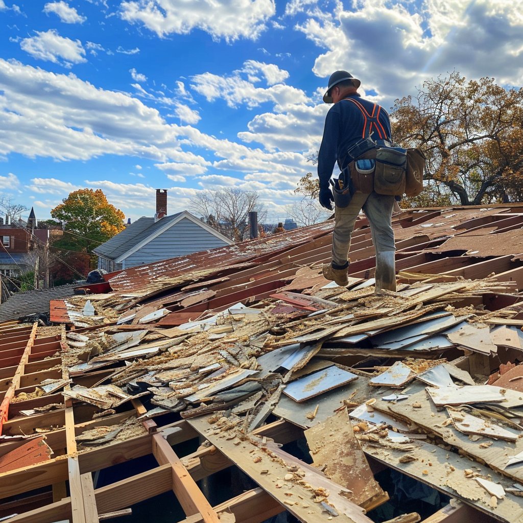 Close-up of storm-damaged roofing with missing shingles and exposed roof boards