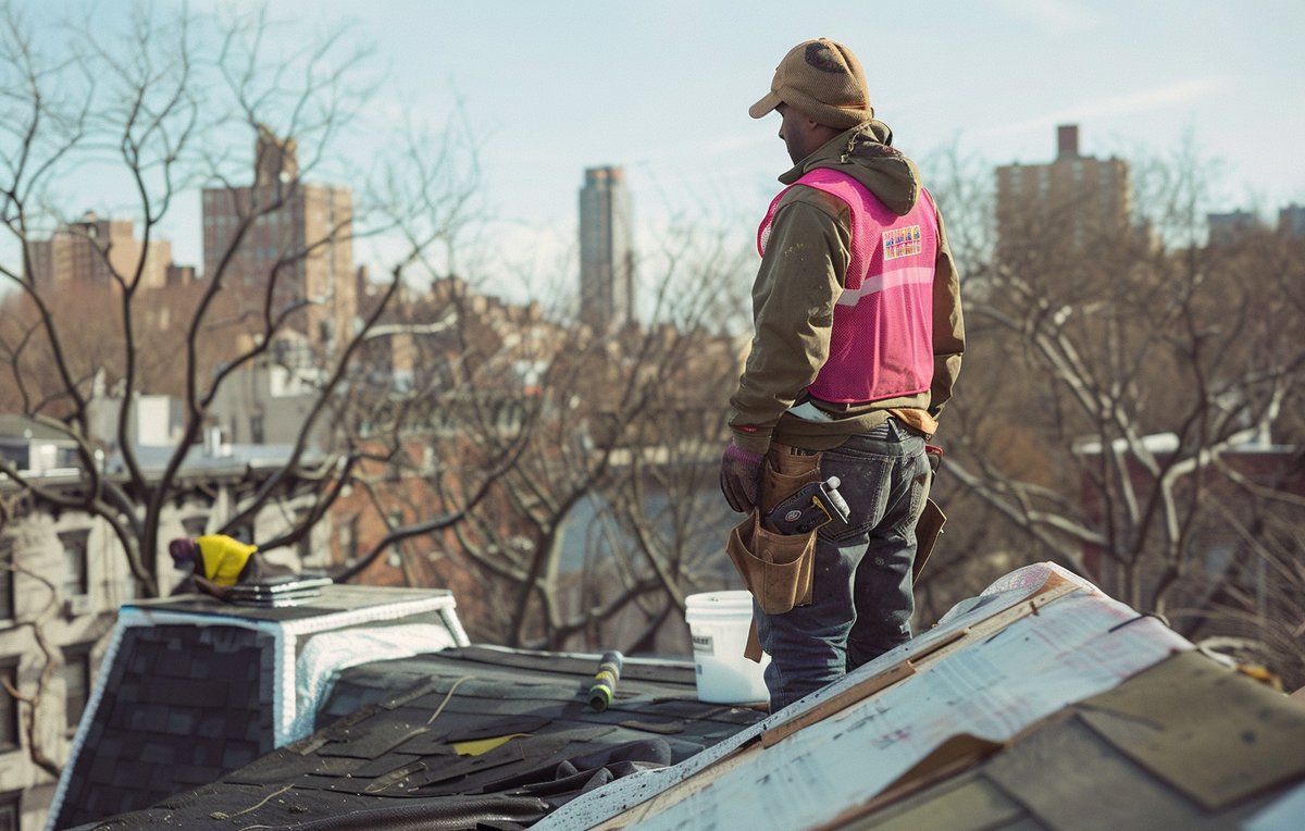 BST Roofers crew finishing a roof replacement on a Brooklyn home